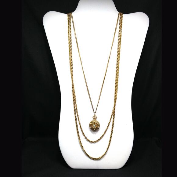 Vintage Goldette Three Strand Necklace, Long Chains & Pendant, 1960s - Picture 2 of 10